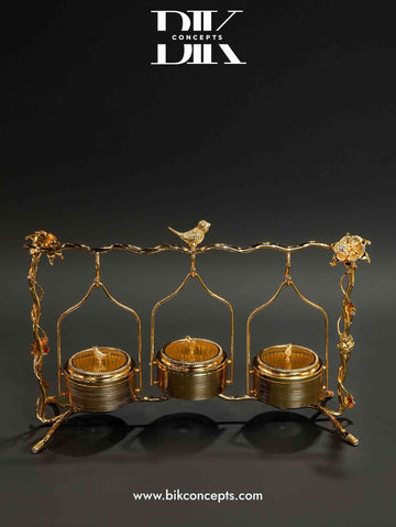 Gold bird canister, triple swing snack server, luxury dry fruit stand, hanging candy dish, 3 tier nut server, golden bird centerpiece