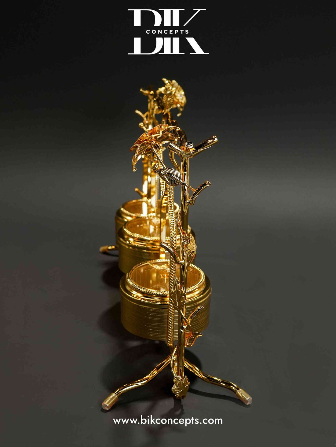 Gold bird canister, triple swing snack server, luxury dry fruit stand, hanging candy dish, 3 tier nut server, golden bird centerpiece