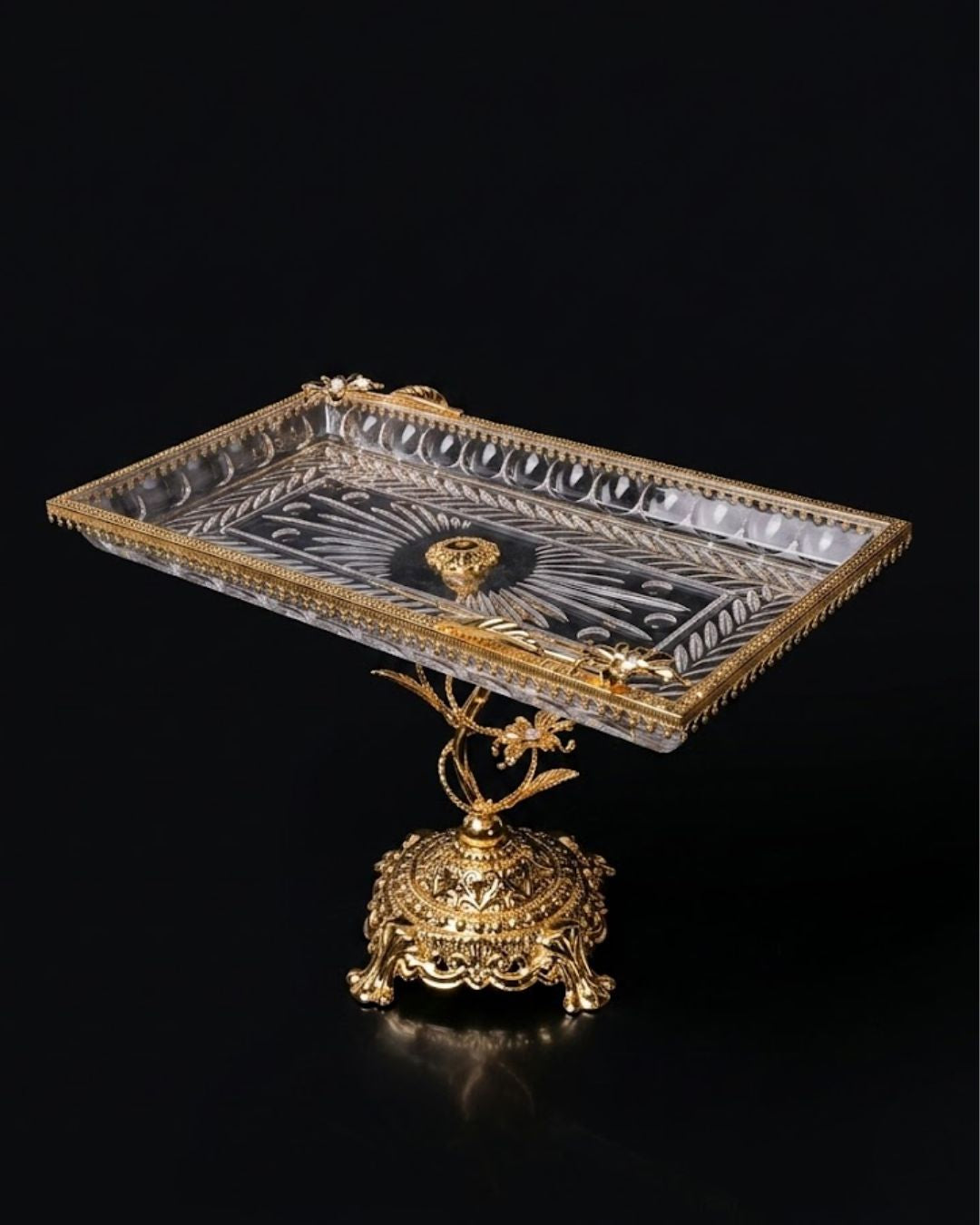 Gold Pedestal Glass Serving Tray, Rectangular Glass Centerpiece Bowl, Vintage Gold Raised Dessert Platter, Floral Stem Footed Glass Tray, Luxury Table Centerpiece Dish, Gold Metal and Cut Glass Serving Tray, Decorative Coffee Table Platter, Crystal Gem Floral Serving Dish, High-End Appetizer Display Platter, Antique Style Gold Pedestal Tray