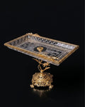 Gold Pedestal Glass Serving Tray, Rectangular Glass Centerpiece Bowl, Vintage Gold Raised Dessert Platter, Floral Stem Footed Glass Tray, Luxury Table Centerpiece Dish, Gold Metal and Cut Glass Serving Tray, Decorative Coffee Table Platter, Crystal Gem Floral Serving Dish, High-End Appetizer Display Platter, Antique Style Gold Pedestal Tray