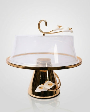 Gold Lily Cake Stand, Luxury Dessert Display Stand, Cake Stand with Acrylic Dome, High End Catering Cake Platter, Floral Gold Cake Pedestal, Wedding Dessert Table Display, Decorative Cake Dome Cover, Elegant Gold Dessert Server, Luxury Event Buffet Accessories
