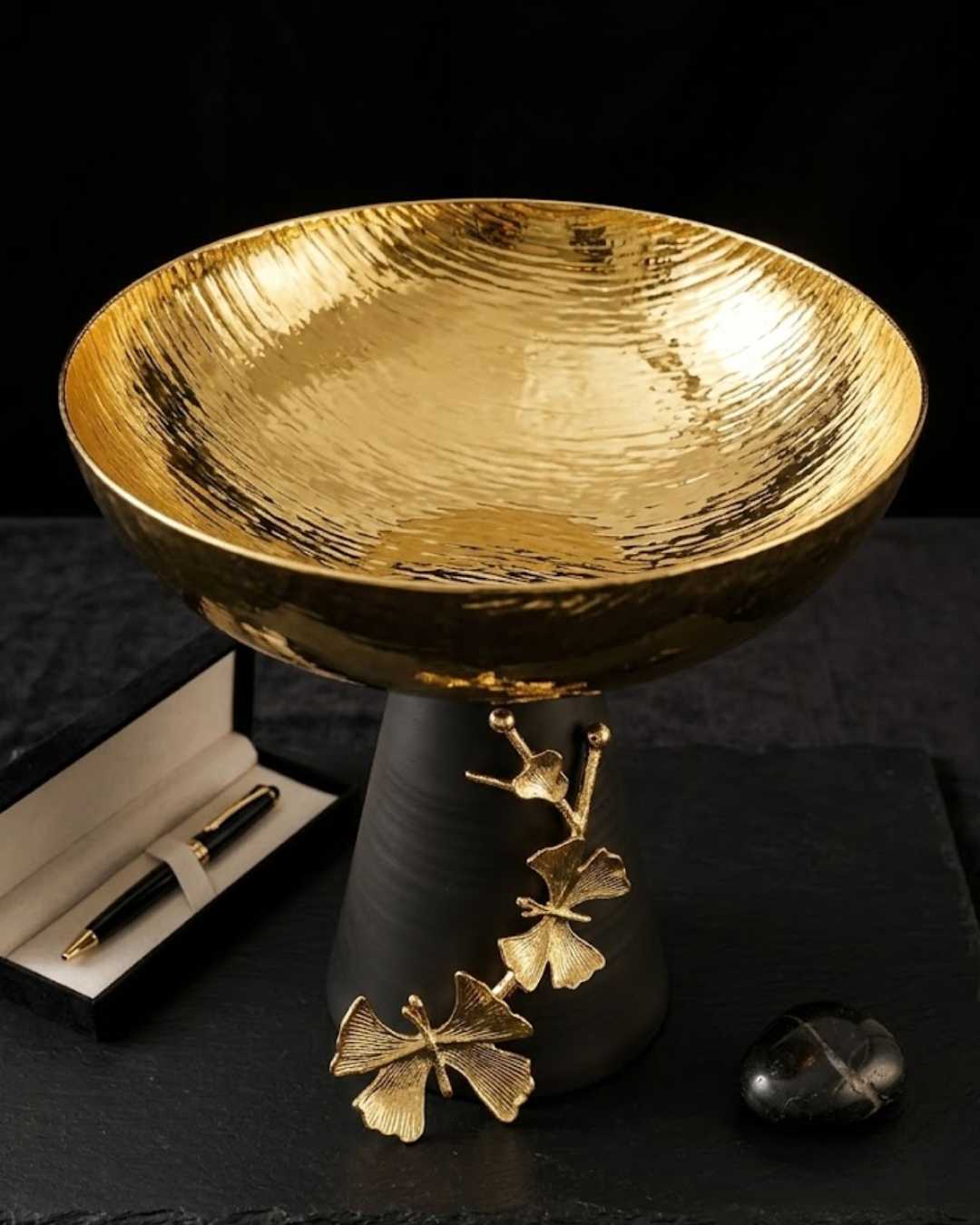 Modern Gold & Black Bowl - Ginkgo Accent Pedestal Centerpiece