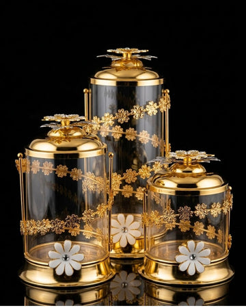 Gold Floral Glass Canisters - Luxury Condiment Jars & Food Storage