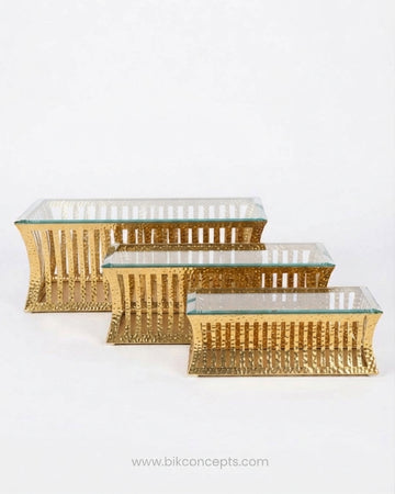 Luxury Gold Hammered Metal Buffet Riser with Clear Glass Top - Decorative Cutout Food Display Stand (Small, Medium, Large)