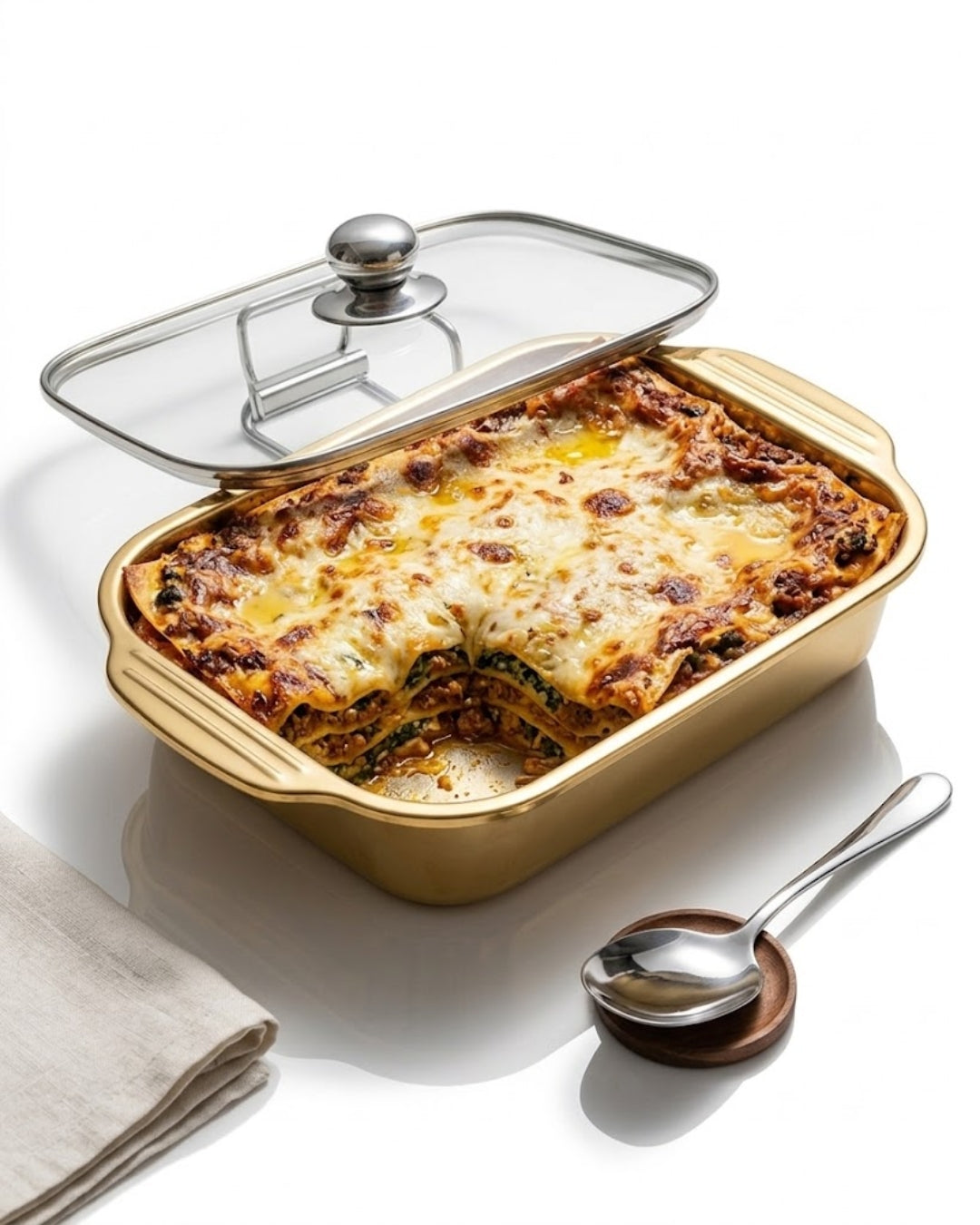 A rectangular gold-colored baking dish containing a baked lasagna, shown with a clear glass lid on a white background. A metal spoon rests on a small wooden stand beside the dish, and a folded beige cloth is visible in the lower left corner.

Gold Stainless Steel Serving Platter, Covered Rectangular Food Server, Gold Chafing Dish Pan with Glass Lid, Luxury Catering Serving Tray, Metallic Buffet Server USA, Gold Lasagna Baking Dish with Lid, Decorative Food Storage Server, Covered Main Course Dish for Events