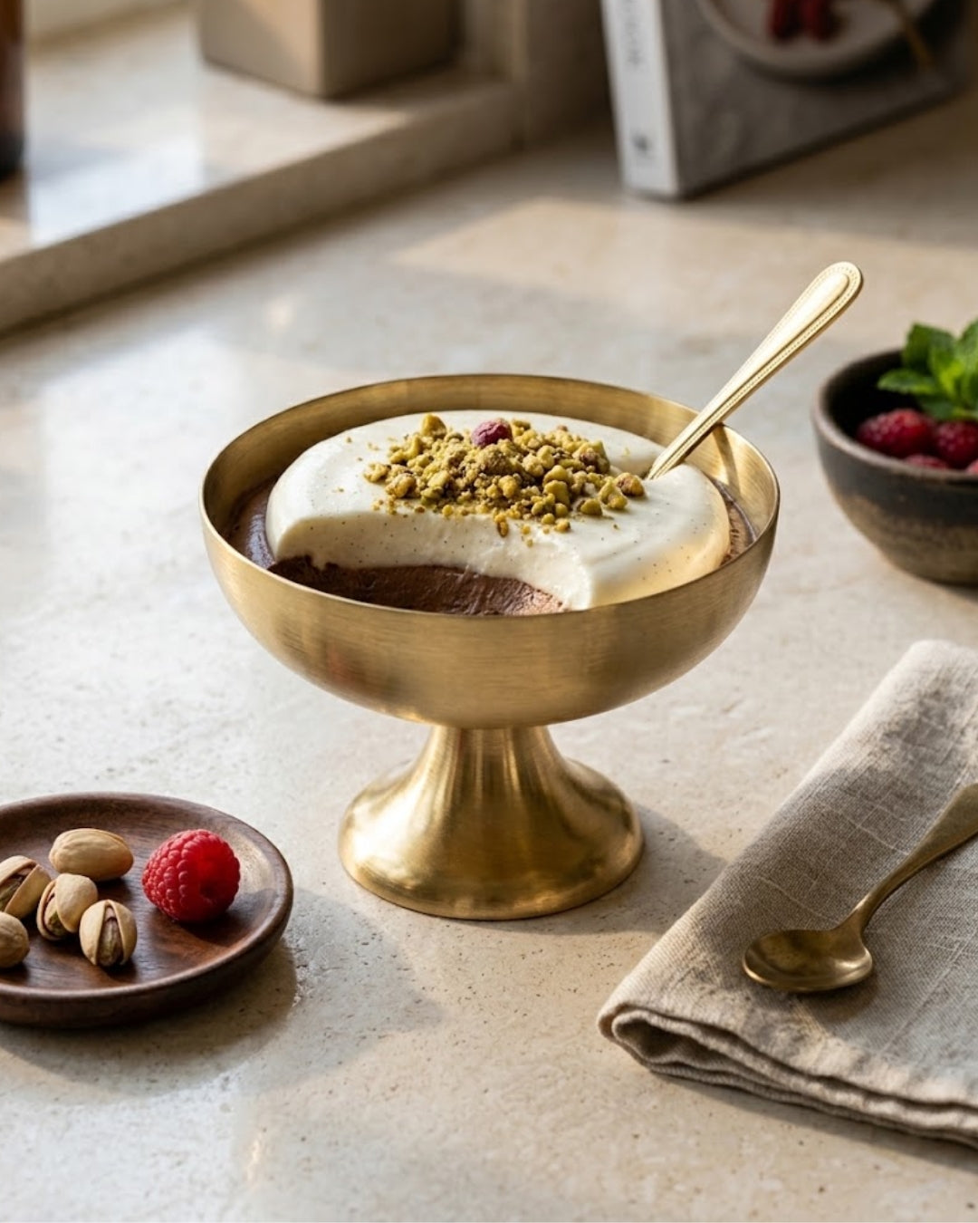 A dessert in a gold pedestal bowl with a spoon, topped with white cream and chopped pistachios, set on a light stone countertop with small side dishes and a folded napkin nearby.

Gold Stainless Steel Dessert Bowl, Mini Pedestal Ice Cream Cup, Gold Coupe Dessert Dish, Metal Sorbet Bowl, Individual Catering Dessert Cup, Brushed Brass Fruit Bowl, Modern Gold Stainless Steel Dessertware, Shatterproof Catering Dessert Ware USA, Commercial Ice Cream Coupe Dish, Small Gold Mousse Bowl