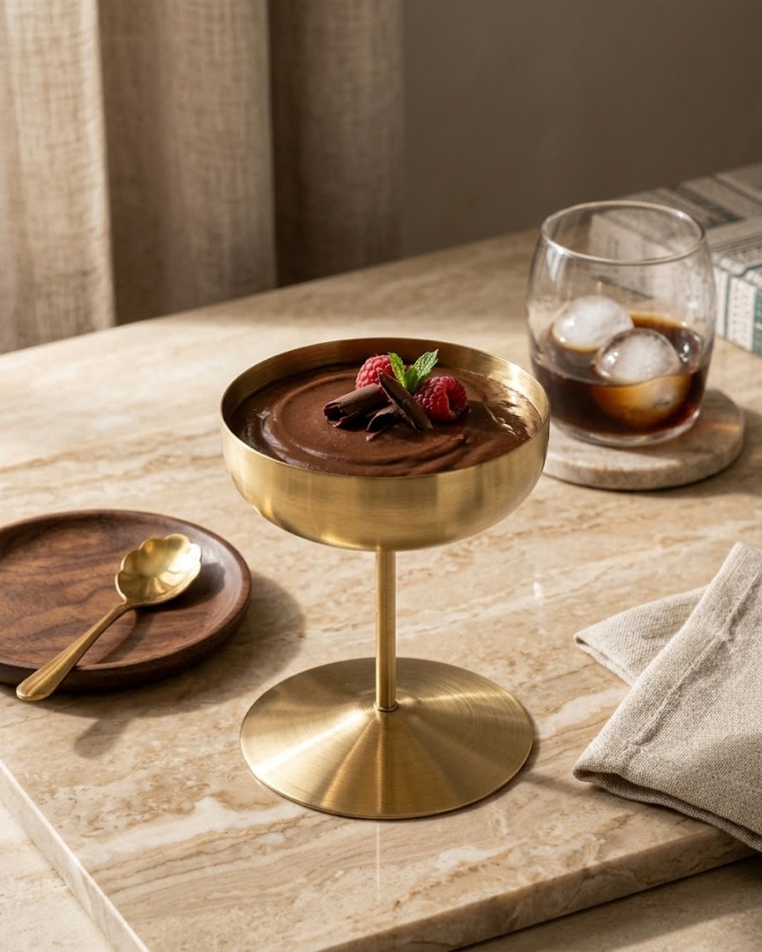 A gold-toned stemmed dessert goblet filled with chocolate mousse and garnished with raspberries, set on a marble table next to a glass of iced coffee and a small wooden plate with a spoon.
Gold Stainless Steel Dessert Bowl, Tall Stemmed Ice Cream Cup, Gold Coupe Dessert Goblet, Metal Sorbet Dish, Individual Catering Dessert Cup, Brushed Gold Stemmed Serving Bowl, Modern Gold Stainless Steel Dessertware, Shatterproof Catering Dessert Ware USA, Commercial Ice Cream Goblet, Small Gold Mousse Cup