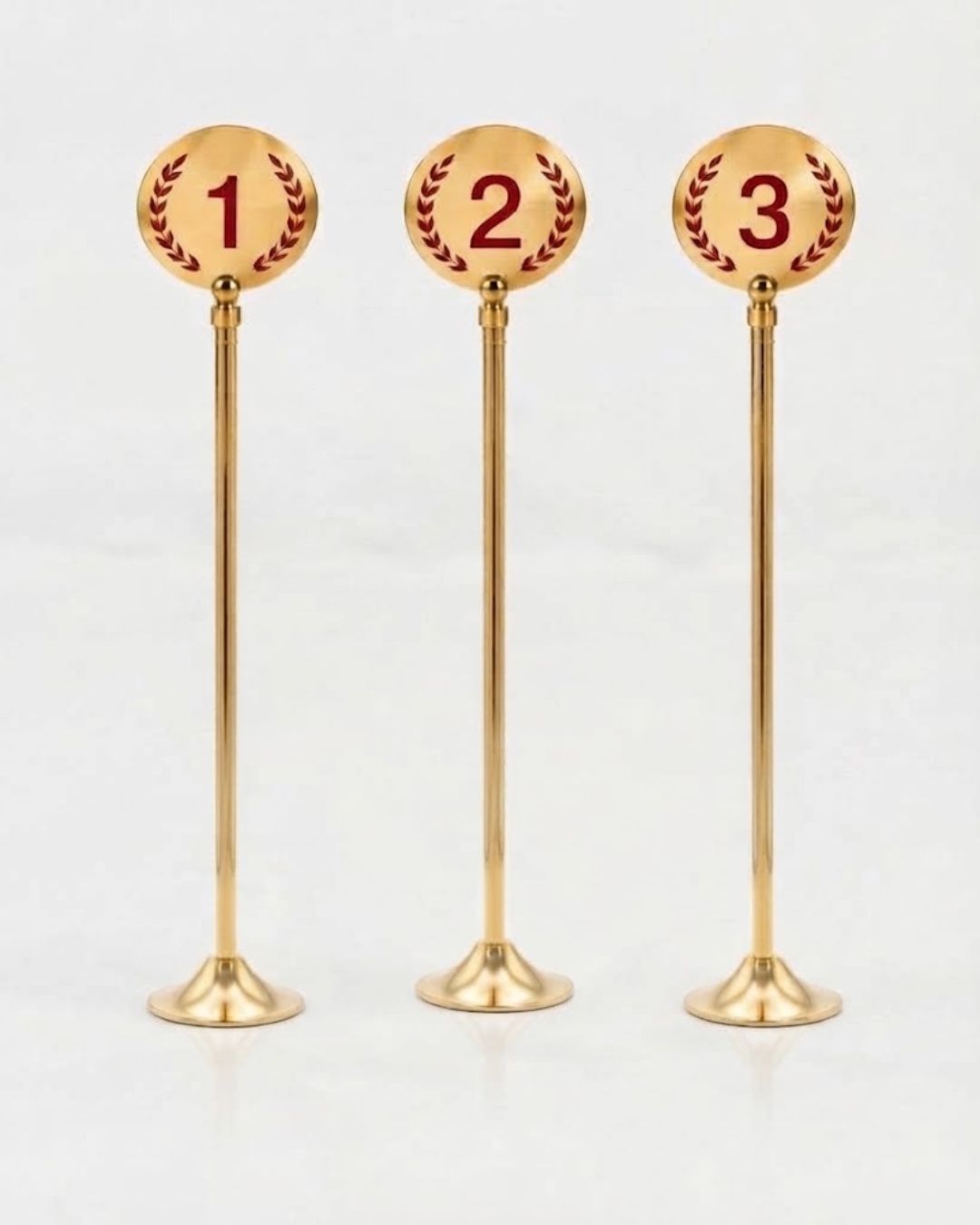 Gold Stainless Steel Table Numbers 12 Inch, Tall Pedestal Table Number Stands Set of 18, Luxury Restaurant Table Markers Numbers 1-18 19-36, High End Hotel Banquet Table Numbers, Catering Event Table Number Holders, Tall Brass Gold Wedding Table Numbers, Weighted Base Stainless Steel Number Stands, Commercial Banquet Floor Markers Set