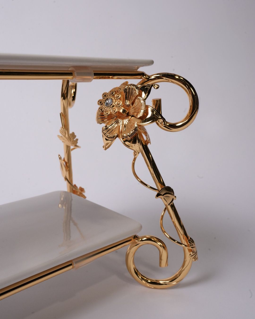 Gold 2 Tier Serving Stand, Two Tier Ceramic Dessert Stand, High End Catering Dessert Tray, Botanical Bird Food Stand, Rectangular Ceramic Serving Rack, Luxury Party Dessert Display, Gold Metal Tiered Pastry Stand, Upscale Wedding Dessert Tower, Designer Buffet Serving Rack, Double Layer Macaron Stand
