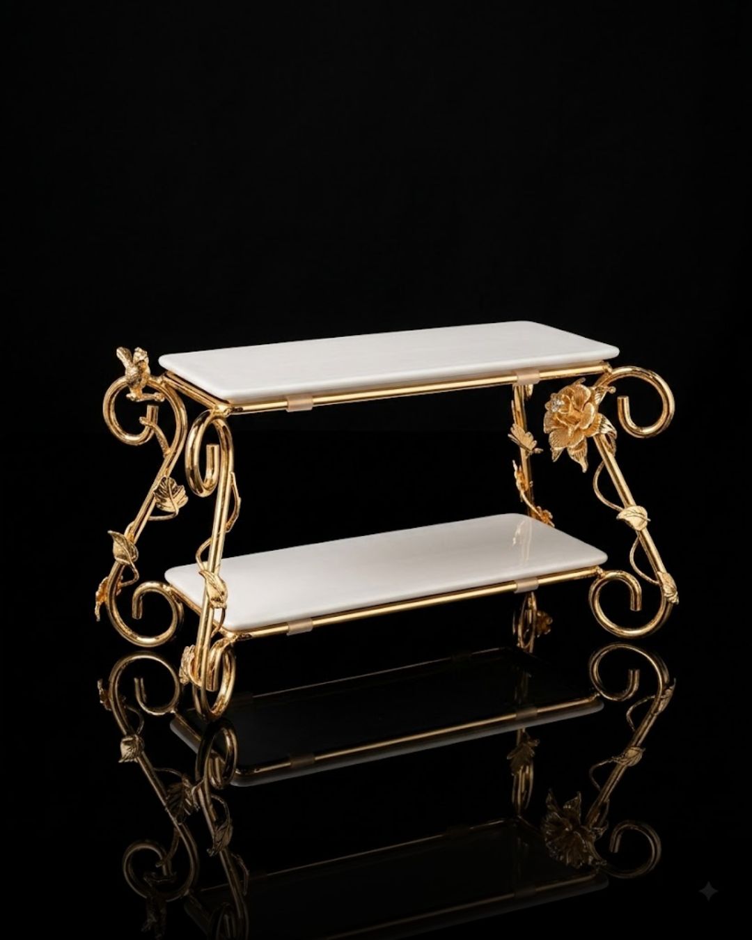 Gold 2 Tier Serving Stand, Two Tier Ceramic Dessert Stand, High End Catering Dessert Tray, Botanical Bird Food Stand, Rectangular Ceramic Serving Rack, Luxury Party Dessert Display, Gold Metal Tiered Pastry Stand, Upscale Wedding Dessert Tower, Designer Buffet Serving Rack, Double Layer Macaron Stand