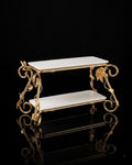 Gold 2 Tier Serving Stand, Two Tier Ceramic Dessert Stand, High End Catering Dessert Tray, Botanical Bird Food Stand, Rectangular Ceramic Serving Rack, Luxury Party Dessert Display, Gold Metal Tiered Pastry Stand, Upscale Wedding Dessert Tower, Designer Buffet Serving Rack, Double Layer Macaron Stand