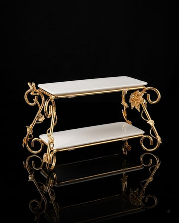 Gold 2 Tier Serving Stand, Two Tier Ceramic Dessert Stand, High End Catering Dessert Tray, Botanical Bird Food Stand, Rectangular Ceramic Serving Rack, Luxury Party Dessert Display, Gold Metal Tiered Pastry Stand, Upscale Wedding Dessert Tower, Designer Buffet Serving Rack, Double Layer Macaron Stand