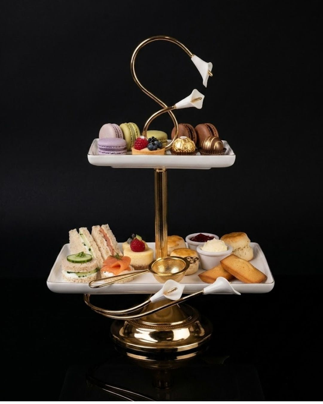 Gold 2 Tier Serving Platter, Rectangular Tiered Dessert Stand, High End Catering Appetizer Platter, Calla Lily Food Stand, Porcelain and Gold Hi Tea Tower, Pedestal 2 Tier Food Server, Upscale Party Hors d'Oeuvres Tray, Luxury Afternoon Tea Stand, Gold Metal Tiered Serving Tray, Designer Buffet Serving Tower, Rectangular Porcelain Tiered Stand