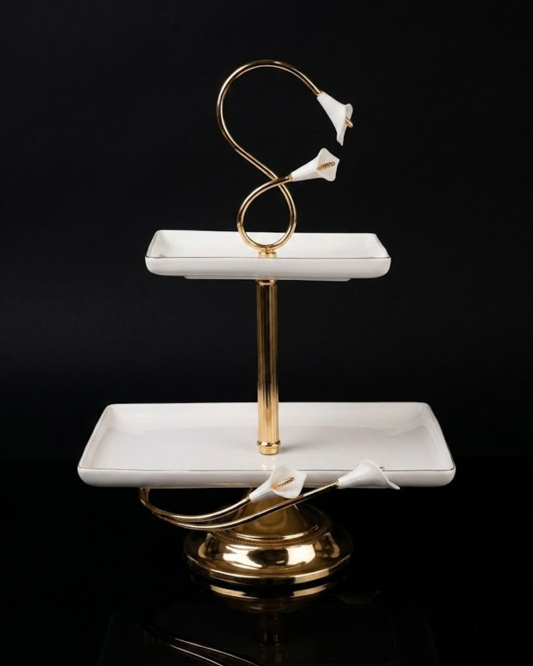 Gold 2 Tier Serving Platter, Rectangular Tiered Dessert Stand, High End Catering Appetizer Platter, Calla Lily Food Stand, Porcelain and Gold Hi Tea Tower, Pedestal 2 Tier Food Server, Upscale Party Hors d'Oeuvres Tray, Luxury Afternoon Tea Stand, Gold Metal Tiered Serving Tray, Designer Buffet Serving Tower, Rectangular Porcelain Tiered Stand