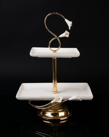 Gold 2 Tier Serving Platter, Rectangular Tiered Dessert Stand, High End Catering Appetizer Platter, Calla Lily Food Stand, Porcelain and Gold Hi Tea Tower, Pedestal 2 Tier Food Server, Upscale Party Hors d'Oeuvres Tray, Luxury Afternoon Tea Stand, Gold Metal Tiered Serving Tray, Designer Buffet Serving Tower, Rectangular Porcelain Tiered Stand
