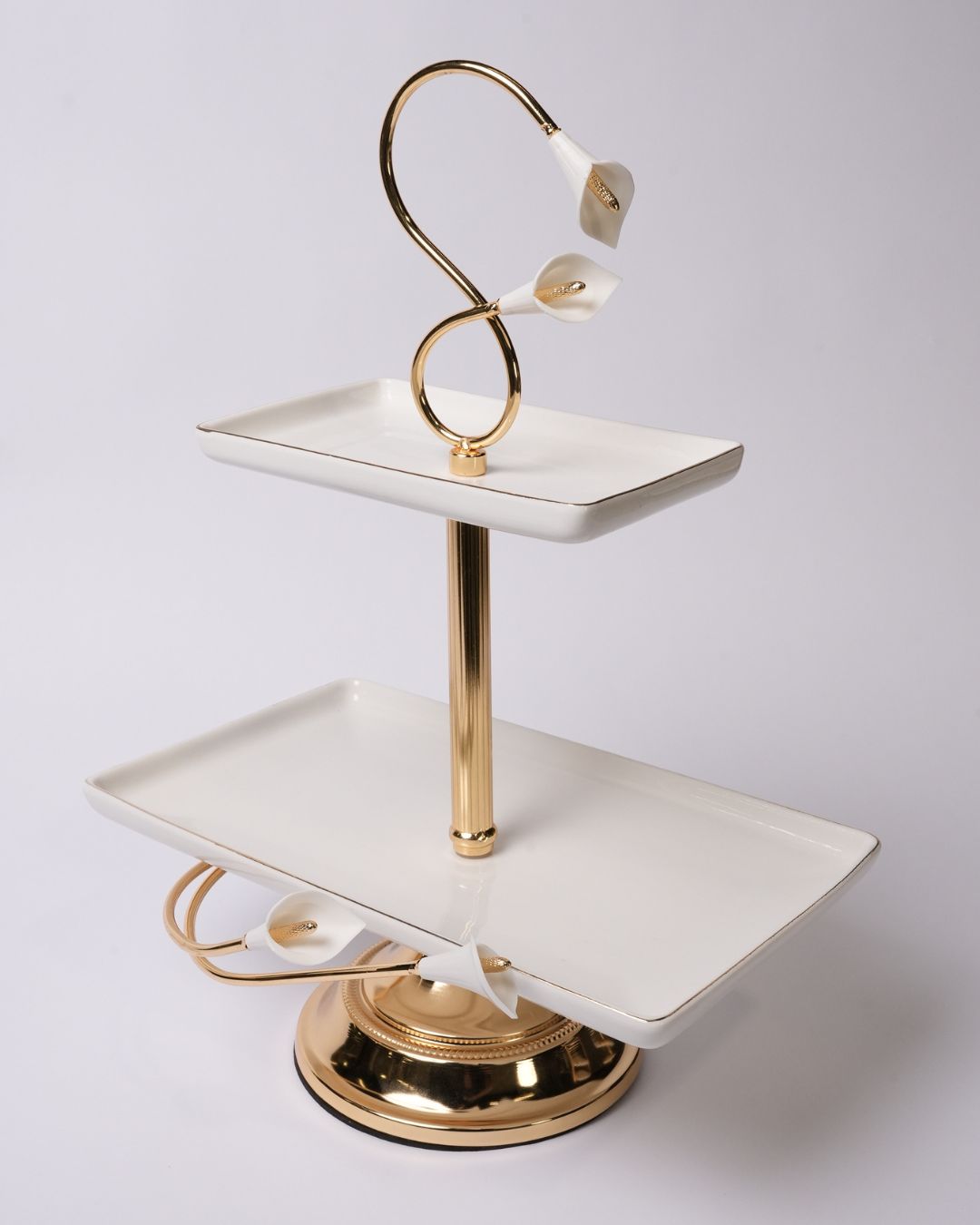 Gold 2 Tier Serving Platter, Rectangular Tiered Dessert Stand, High End Catering Appetizer Platter, Calla Lily Food Stand, Porcelain and Gold Hi Tea Tower, Pedestal 2 Tier Food Server, Upscale Party Hors d'Oeuvres Tray, Luxury Afternoon Tea Stand, Gold Metal Tiered Serving Tray, Designer Buffet Serving Tower, Rectangular Porcelain Tiered Stand