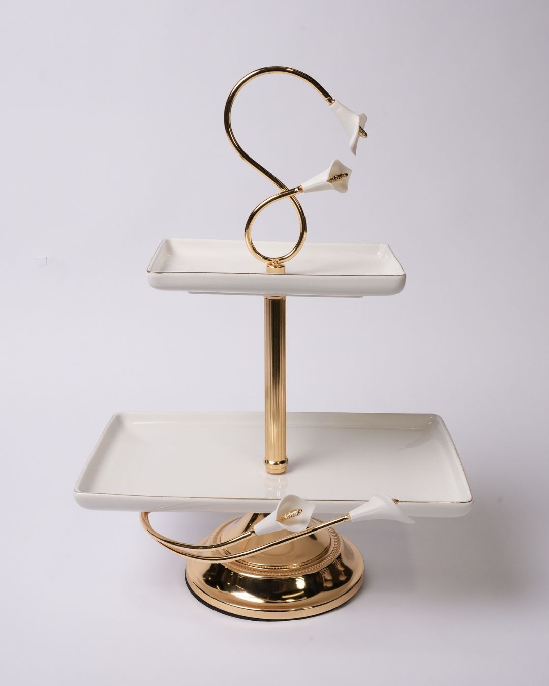 Gold 2 Tier Serving Platter, Rectangular Tiered Dessert Stand, High End Catering Appetizer Platter, Calla Lily Food Stand, Porcelain and Gold Hi Tea Tower, Pedestal 2 Tier Food Server, Upscale Party Hors d'Oeuvres Tray, Luxury Afternoon Tea Stand, Gold Metal Tiered Serving Tray, Designer Buffet Serving Tower, Rectangular Porcelain Tiered Stand