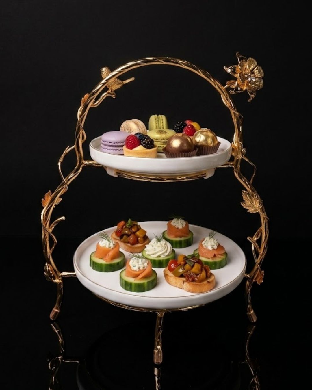 Gold 2 Tier Serving Platter, Luxury Two Tiered Dessert Stand, High End Catering Appetizer Stand, Porcelain and Gold Hi Tea Stand, Botanical Bird Afternoon Tea Platter, Footed 2 Tier Food Server, Upscale Wedding Dessert Display, Luxury Afternoon Tea Stand, Gold Metal Tiered Serving Stand, Designer Buffet Serving Tray, High Tea Tiered Cake Stand