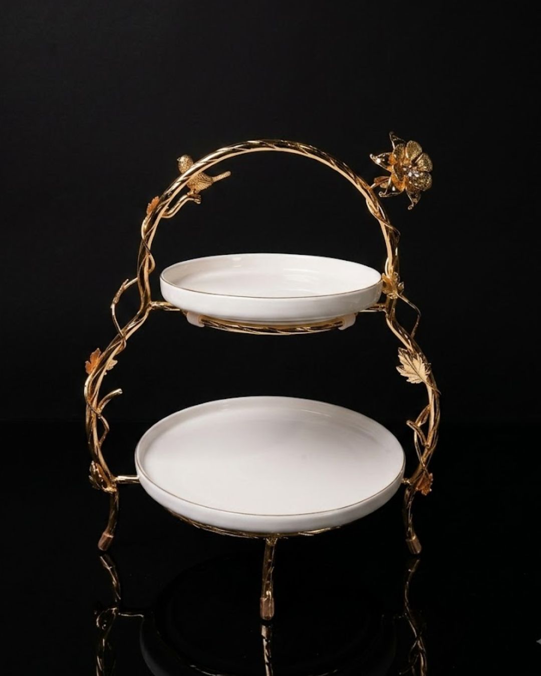 Gold 2 Tier Serving Platter, Luxury Two Tiered Dessert Stand, High End Catering Appetizer Stand, Porcelain and Gold Hi Tea Stand, Botanical Bird Afternoon Tea Platter, Footed 2 Tier Food Server, Upscale Wedding Dessert Display, Luxury Afternoon Tea Stand, Gold Metal Tiered Serving Stand, Designer Buffet Serving Tray, High Tea Tiered Cake Stand