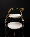 Gold 2 Tier Serving Platter, Luxury Two Tiered Dessert Stand, High End Catering Appetizer Stand, Porcelain and Gold Hi Tea Stand, Botanical Bird Afternoon Tea Platter, Footed 2 Tier Food Server, Upscale Wedding Dessert Display, Luxury Afternoon Tea Stand, Gold Metal Tiered Serving Stand, Designer Buffet Serving Tray, High Tea Tiered Cake Stand