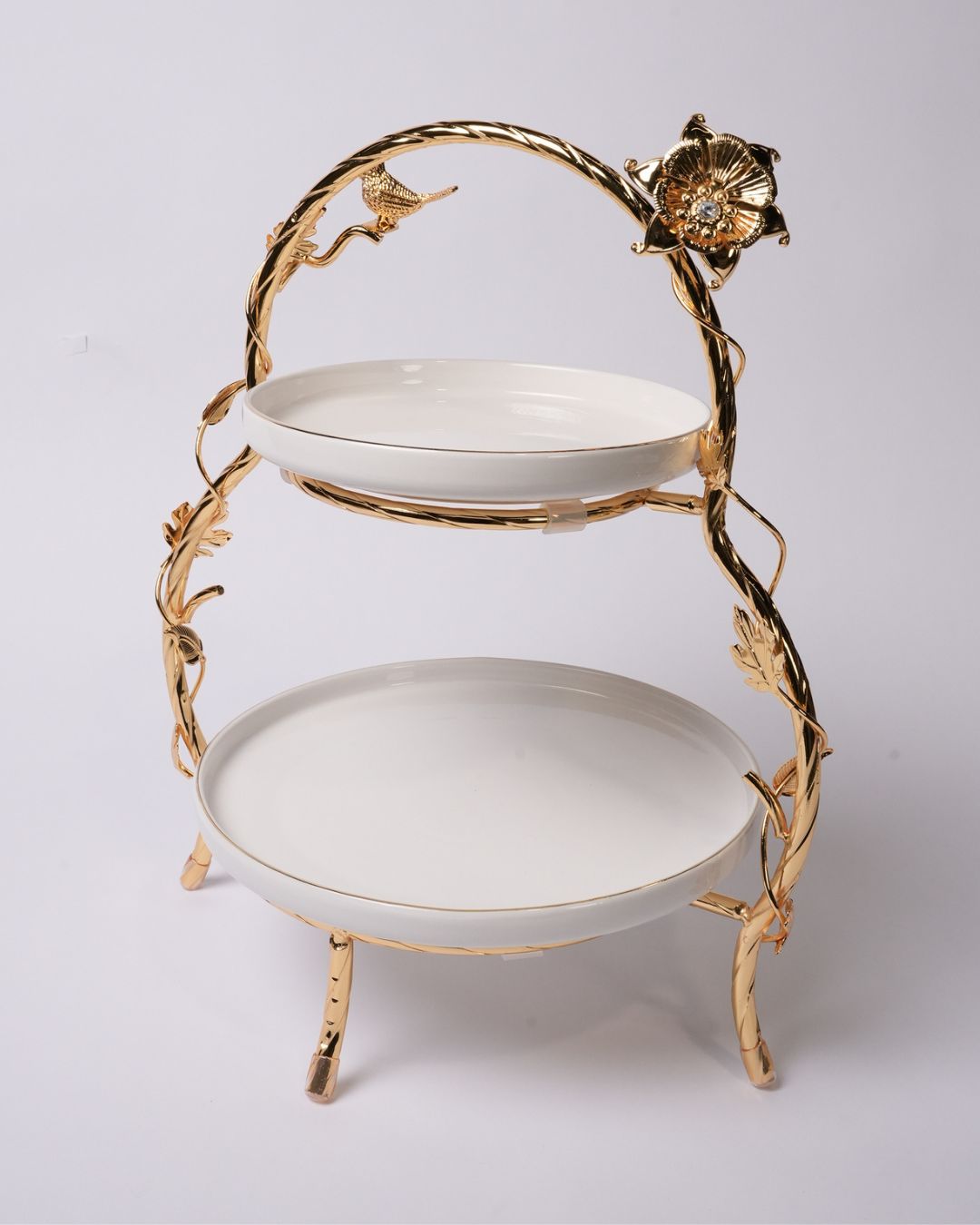 Gold 2 Tier Serving Platter, Luxury Two Tiered Dessert Stand, High End Catering Appetizer Stand, Porcelain and Gold Hi Tea Stand, Botanical Bird Afternoon Tea Platter, Footed 2 Tier Food Server, Upscale Wedding Dessert Display, Luxury Afternoon Tea Stand, Gold Metal Tiered Serving Stand, Designer Buffet Serving Tray, High Tea Tiered Cake Stand