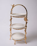 Gold 3 Tier Serving Platter, Luxury Tiered Dessert Stand, High End Catering Appetizer Tower, Porcelain and Gold Tiered Server, Botanical Bird Dessert Stand, Footed 3 Tier Food Stand, Upscale Wedding Dessert Display, High Tea Tiered Platter, Luxury Afternoon Tea Stand, Gold Metal Tiered Serving Tray, Designer Buffet Serving Tower