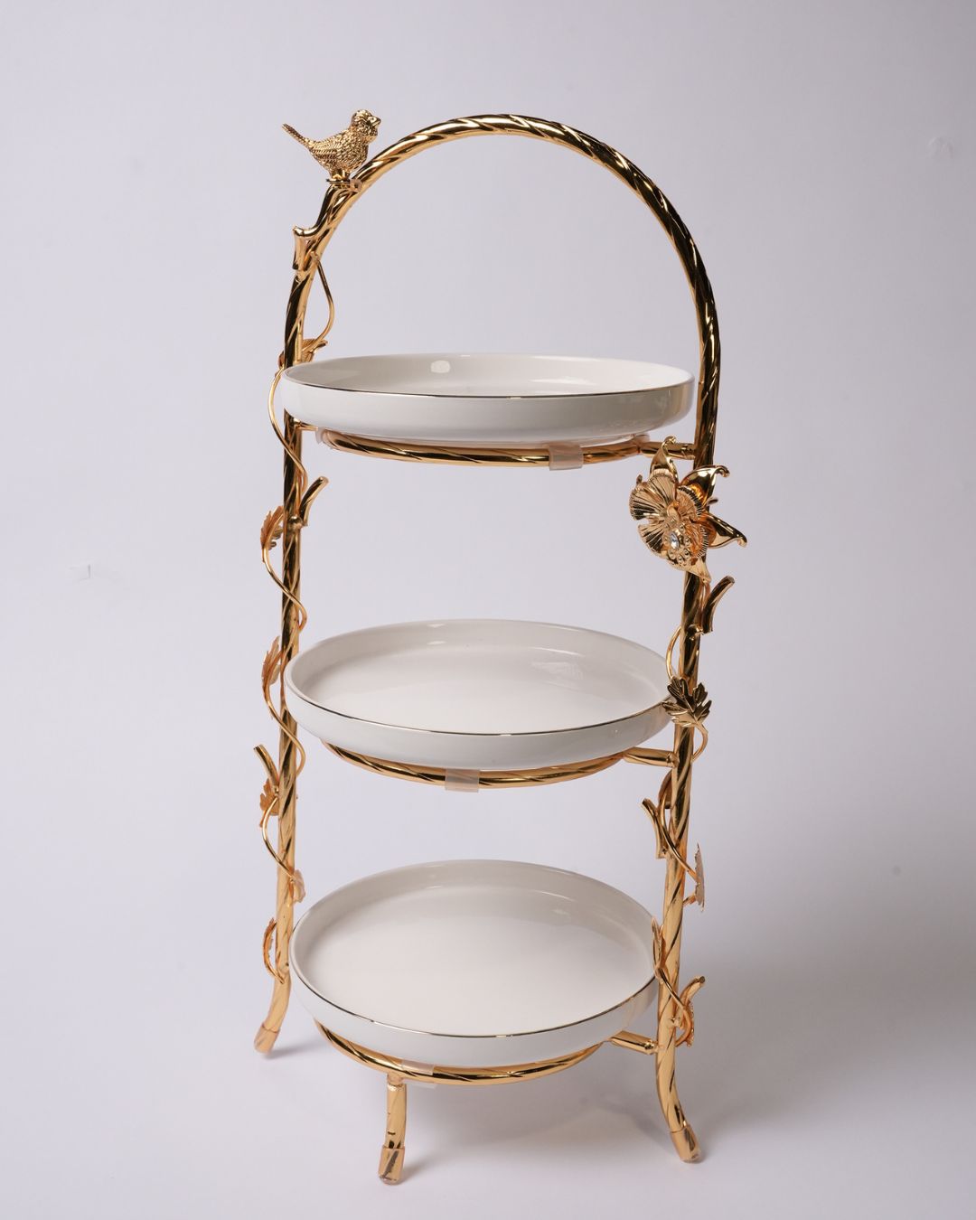 Gold 3 Tier Serving Platter, Luxury Tiered Dessert Stand, High End Catering Appetizer Tower, Porcelain and Gold Tiered Server, Botanical Bird Dessert Stand, Footed 3 Tier Food Stand, Upscale Wedding Dessert Display, High Tea Tiered Platter, Luxury Afternoon Tea Stand, Gold Metal Tiered Serving Tray, Designer Buffet Serving Tower