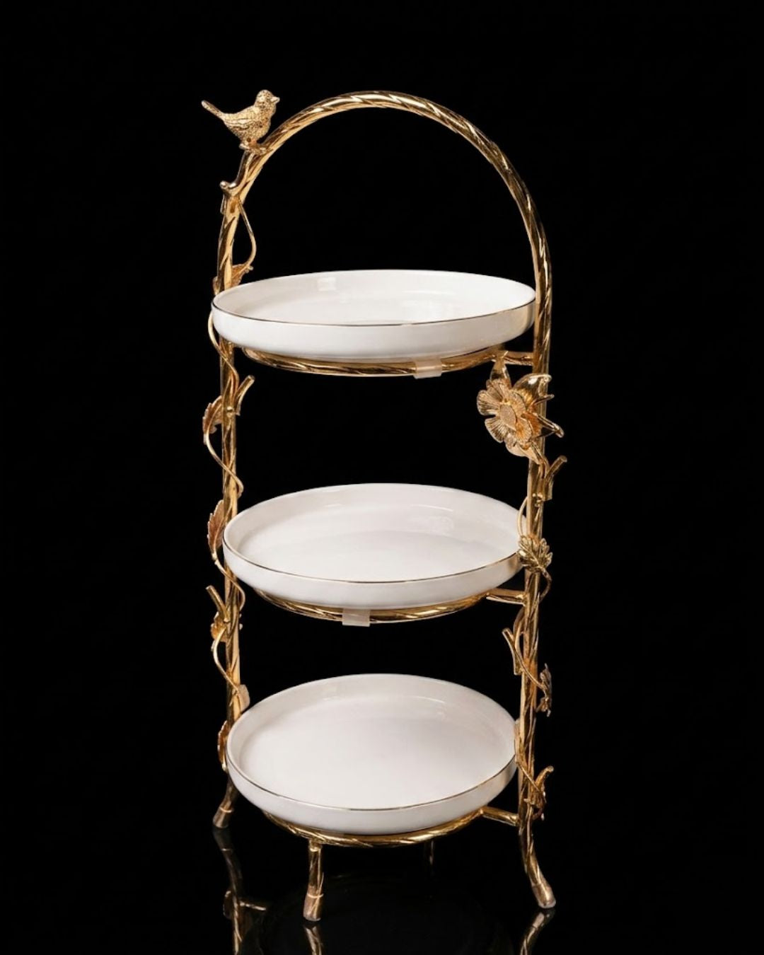 Gold 3 Tier Serving Platter, Luxury Tiered Dessert Stand, High End Catering Appetizer Tower, Porcelain and Gold Tiered Server, Botanical Bird Dessert Stand, Footed 3 Tier Food Stand, Upscale Wedding Dessert Display, High Tea Tiered Platter, Luxury Afternoon Tea Stand, Gold Metal Tiered Serving Tray, Designer Buffet Serving Tower