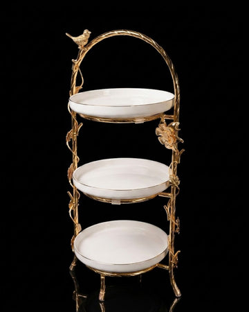 Gold 3 Tier Serving Platter, Luxury Tiered Dessert Stand, High End Catering Appetizer Tower, Porcelain and Gold Tiered Server, Botanical Bird Dessert Stand, Footed 3 Tier Food Stand, Upscale Wedding Dessert Display, High Tea Tiered Platter, Luxury Afternoon Tea Stand, Gold Metal Tiered Serving Tray, Designer Buffet Serving Tower