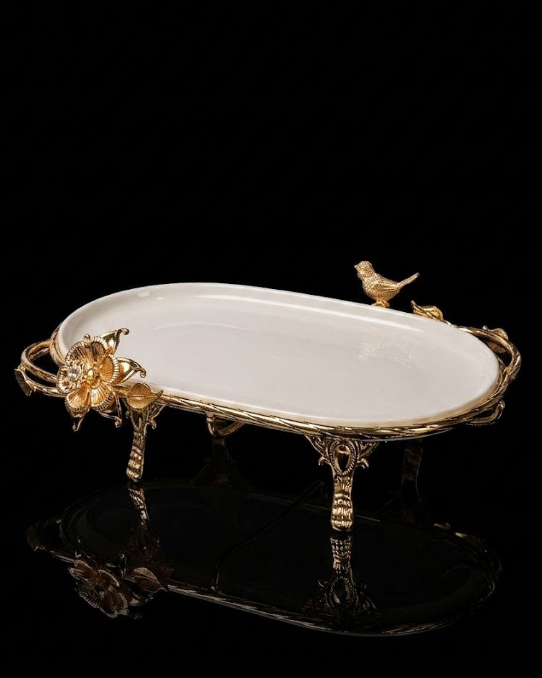 Gold Oval Serving Tray, Luxury Porcelain Serving Platter, High End Catering Platter, Decorative White and Gold Tray, Floral Bird Metal Serving Tray, Footed Decorative Vanity Tray, Upscale Event Hors d'Oeuvres Platter, Luxury Wedding Appetizer Tray, Designer Coffee Table Tray, Gold Metal Handles Serving Dish, Fine Porcelain Oval Platter