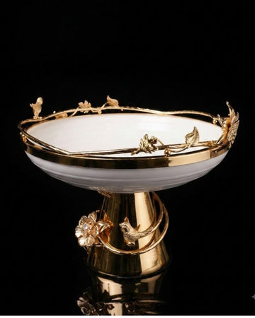 Gold & White Porcelain Pedestal Bowl - Floral & Bird Decorative Centerpiece