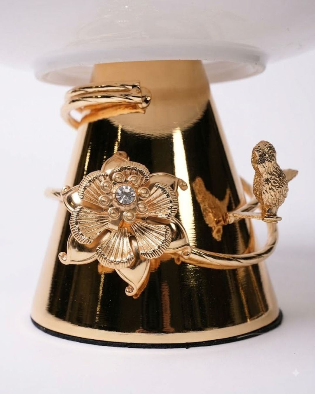 Gold & White Porcelain Pedestal Bowl - Floral & Bird Decorative Centerpiece