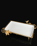 Gold Rectangular Serving Tray, Luxury Porcelain Serving Platter, High End Catering Platter, Decorative White and Gold Tray, Floral Bird Metal Serving Tray, Footed Decorative Vanity Tray, Upscale Event Hors d'Oeuvres Platter, Luxury Wedding Appetizer Tray, Designer Coffee Table Tray, Gold Metal Handles Serving Dish, Fine Porcelain Rectangular Tray