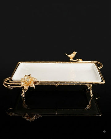 Gold Rectangular Serving Tray, Luxury Porcelain Serving Platter, High End Catering Platter, Decorative White and Gold Tray, Floral Bird Metal Serving Tray, Footed Decorative Vanity Tray, Upscale Event Hors d'Oeuvres Platter, Luxury Wedding Appetizer Tray, Designer Coffee Table Tray, Gold Metal Handles Serving Dish, Fine Porcelain Rectangular Tray