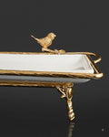 Gold Rectangular Serving Tray, Luxury Porcelain Serving Platter, High End Catering Platter, Decorative White and Gold Tray, Floral Bird Metal Serving Tray, Footed Decorative Vanity Tray, Upscale Event Hors d'Oeuvres Platter, Luxury Wedding Appetizer Tray, Designer Coffee Table Tray, Gold Metal Handles Serving Dish, Fine Porcelain Rectangular Tray
