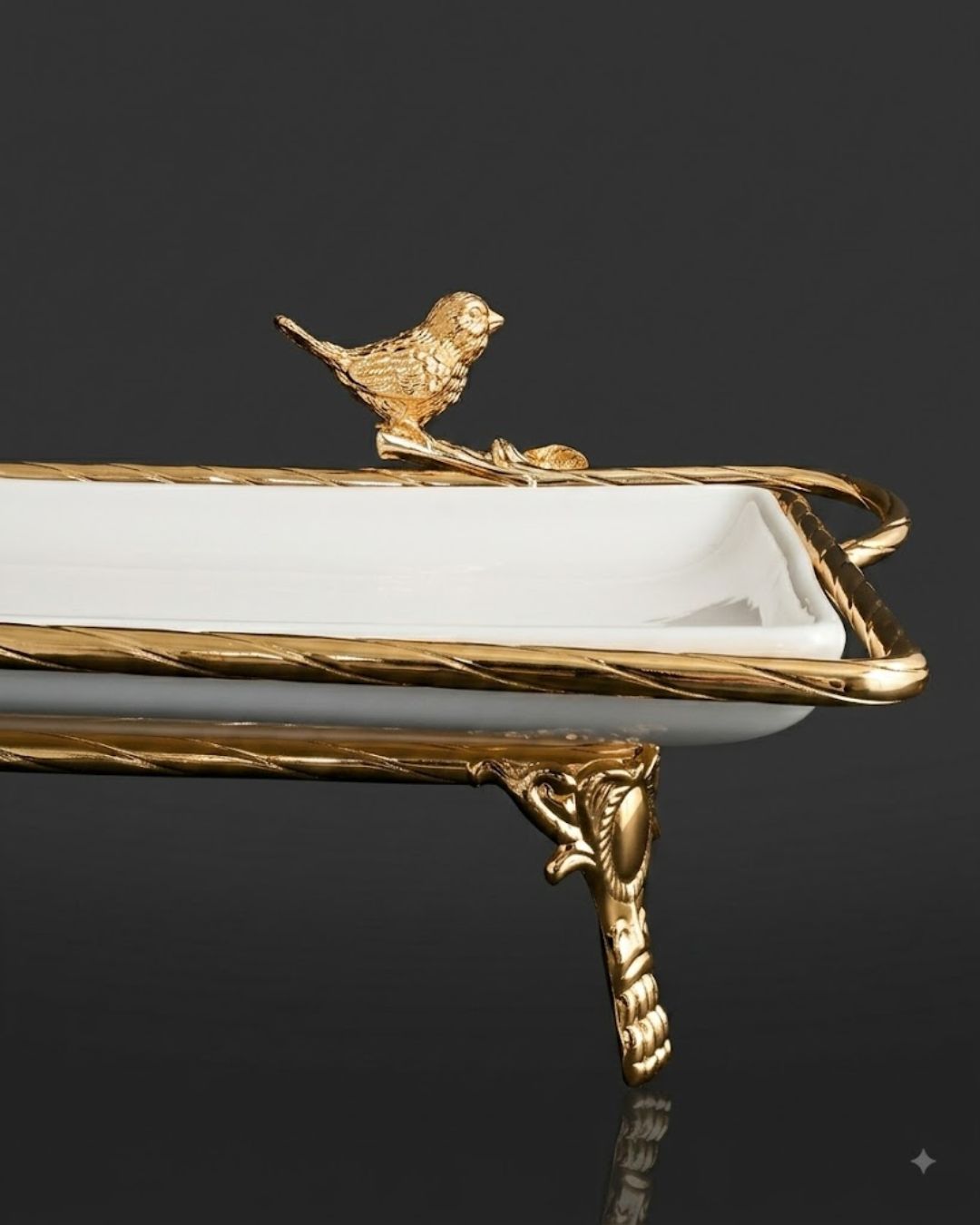 Gold Rectangular Serving Tray, Luxury Porcelain Serving Platter, High End Catering Platter, Decorative White and Gold Tray, Floral Bird Metal Serving Tray, Footed Decorative Vanity Tray, Upscale Event Hors d'Oeuvres Platter, Luxury Wedding Appetizer Tray, Designer Coffee Table Tray, Gold Metal Handles Serving Dish, Fine Porcelain Rectangular Tray
