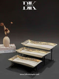 Greek key tiered tray, 3 tier porcelain server, luxury appetizer stand, stainless steel food tower