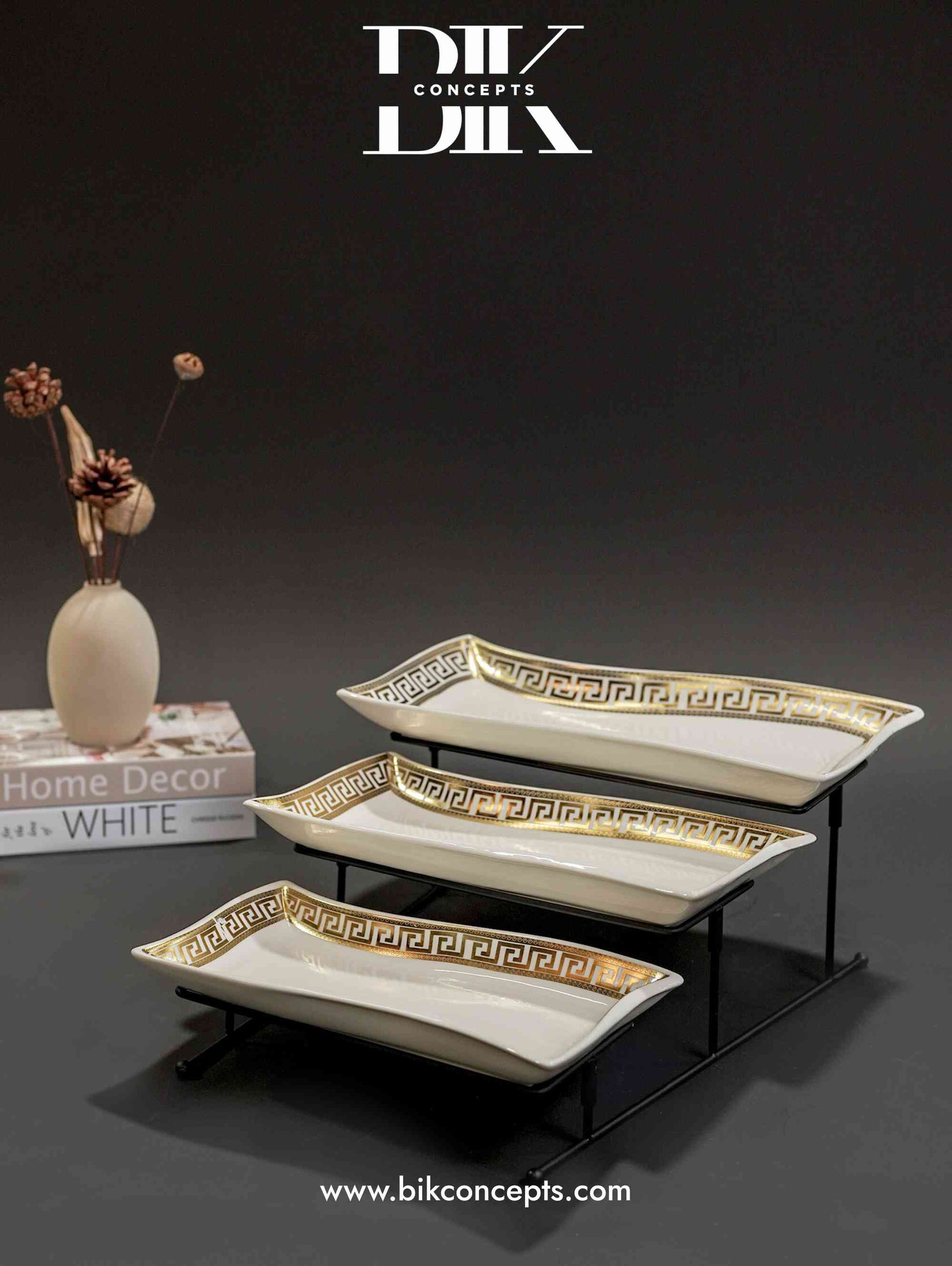Greek key tiered tray, 3 tier porcelain server, luxury appetizer stand, stainless steel food tower