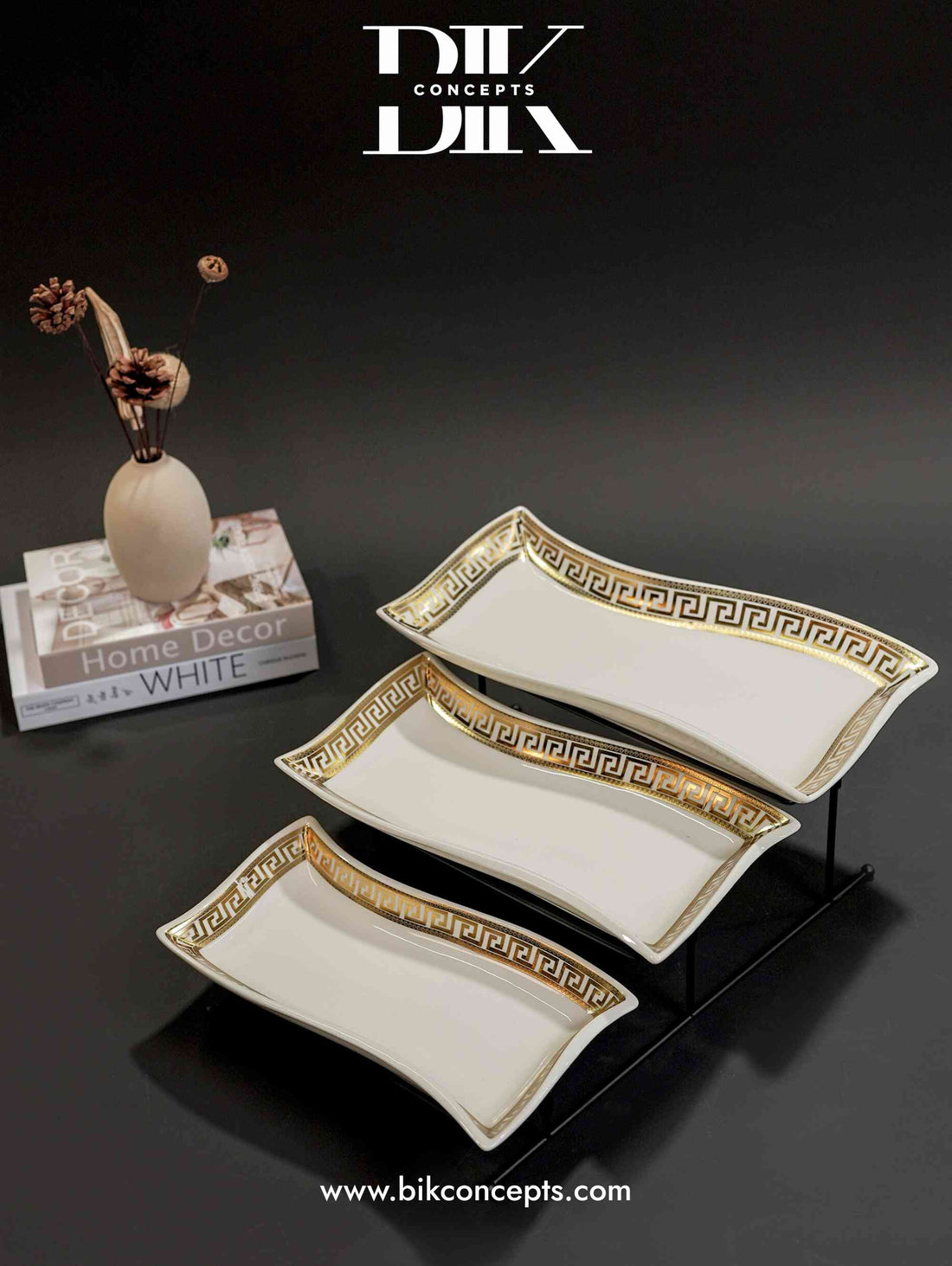 Greek key tiered tray, 3 tier porcelain server, luxury appetizer stand, stainless steel food tower