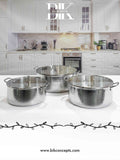 Hammered silver casserole set, tri-ply stainless steel pots, 20L large cooking pot, professional cookware set, heavy duty food warmer, 6 piece casserole set, hammered metal cookware, high capacity serving pots.