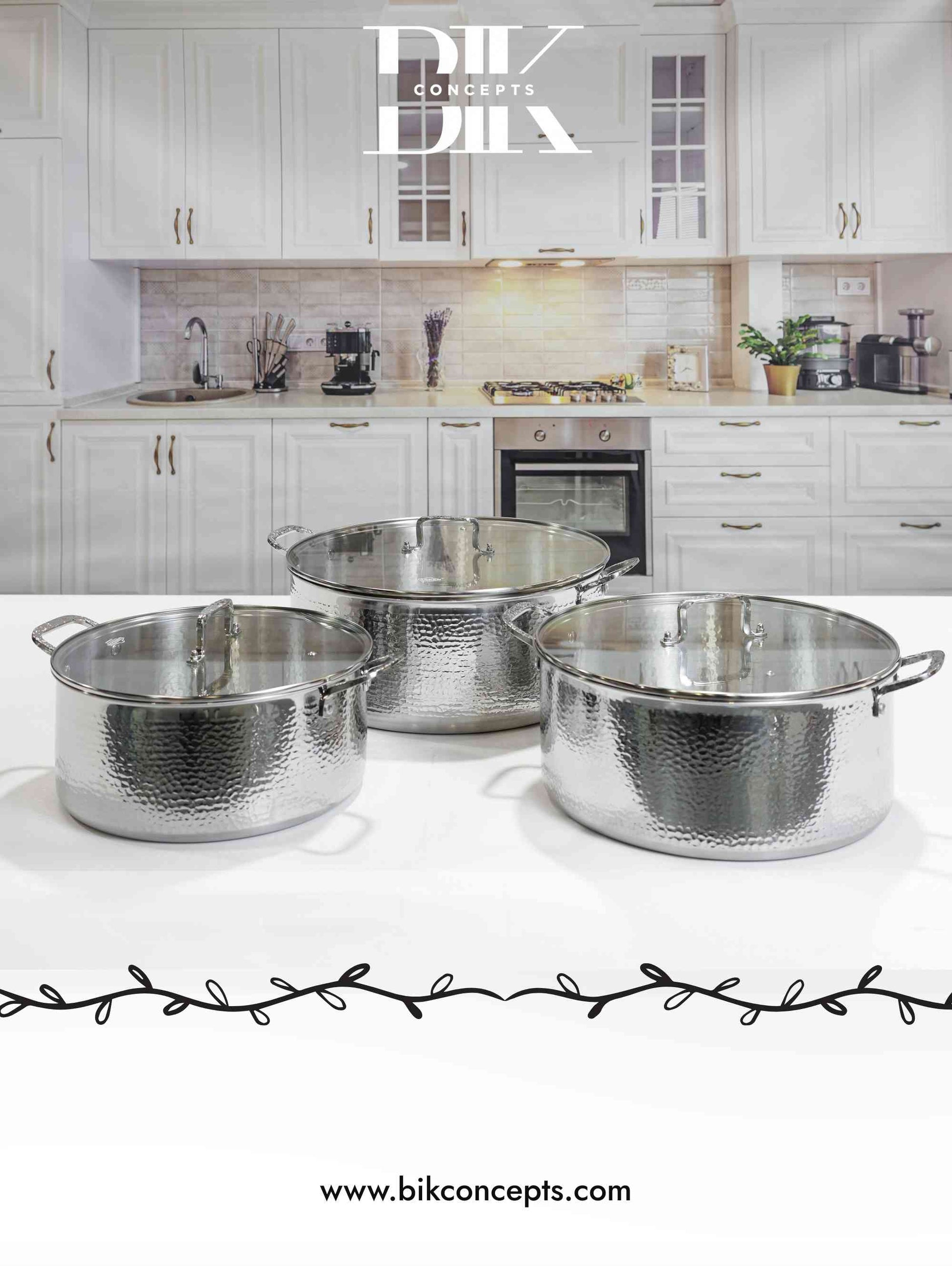 Hammered silver casserole set, tri-ply stainless steel pots, 20L large cooking pot, professional cookware set, heavy duty food warmer, 6 piece casserole set, hammered metal cookware, high capacity serving pots.