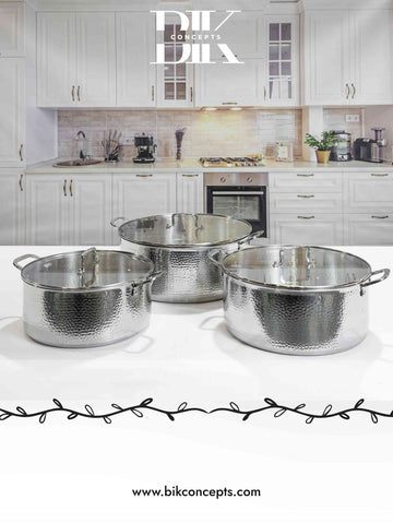 Hammered silver casserole set, tri-ply stainless steel pots, 20L large cooking pot, professional cookware set, heavy duty food warmer, 6 piece casserole set, hammered metal cookware, high capacity serving pots.