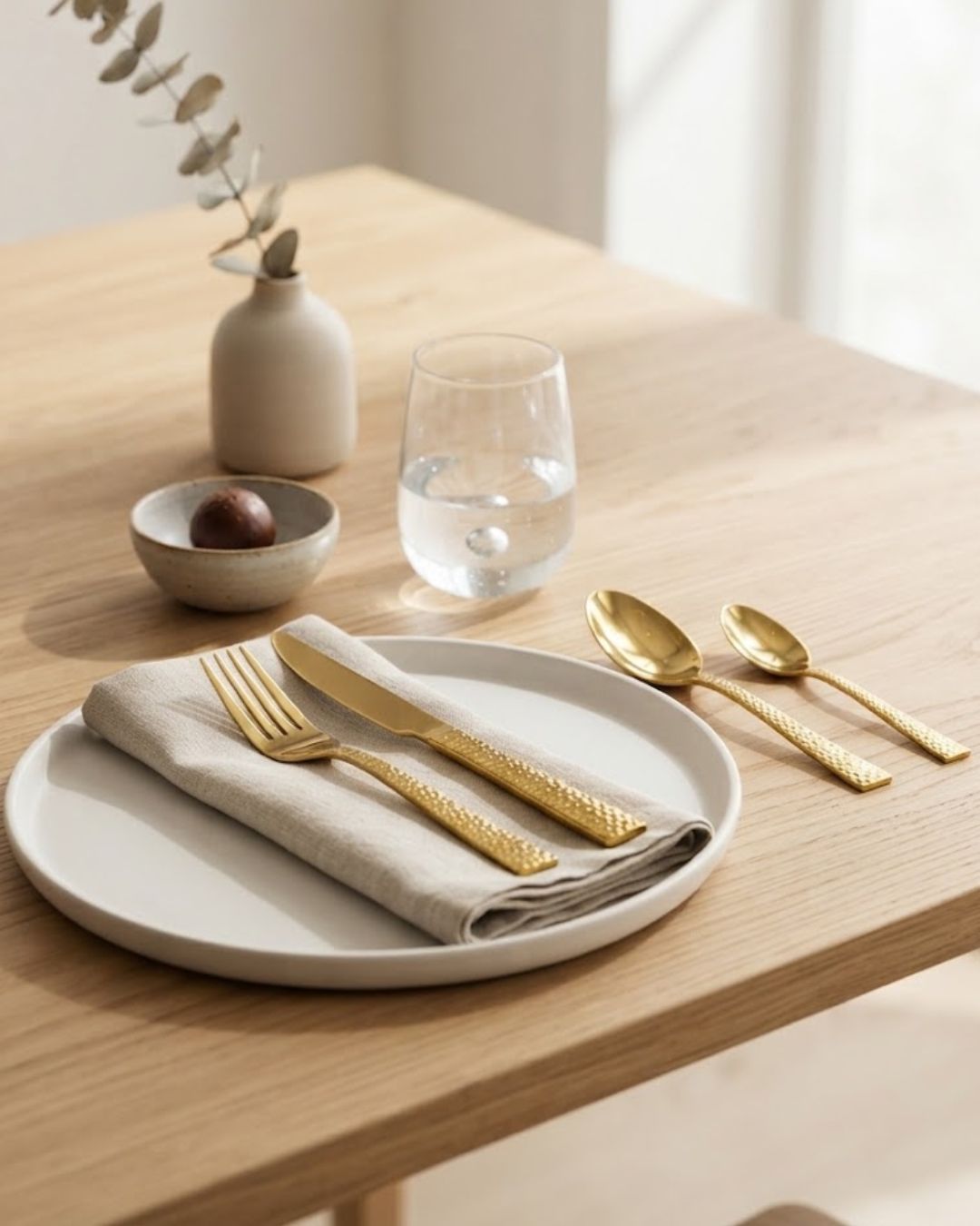 hammered gold cutlery, luxury gold flatware set, heavyweight stainless steel cutlery, gold dinner knife, gold table fork, gold table spoon, gold teaspoon, textured gold silverware, premium gold flatware, hammered stainless steel cutlery