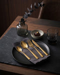hammered gold cutlery, luxury gold flatware set, heavyweight stainless steel cutlery, gold dinner knife, gold table fork, gold table spoon, gold teaspoon, textured gold silverware, premium gold flatware, hammered stainless steel cutlery