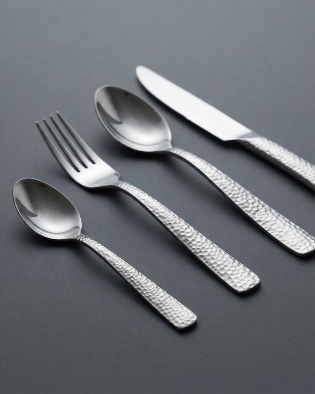 hammered silver cutlery, luxury silver flatware set, heavyweight stainless steel cutlery, silver dinner knife, silver table fork, silver table spoon, silver teaspoon, textured silver silverware, premium silver flatware, hammered stainless steel cutlery