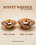 Two hammered copper buffet warmers with burners, shown side by side on a beige background. Text above reads 'BUFFET WARMER WITH BURNER' and below shows sizes 'SIZE: 10 inch' and 'SIZE: 12.5 inch
Rose Gold Buffet Server with Burner, Triply Stainless Steel Chafing Dish, Hammered Copper Food Warmer Dish, Round Buffet Chafing Server, Luxury Food Warmer for Parties, Stainless Steel Hot Pot Server, Decorative Rose Gold Serving Dish with Lid, Main Course Food Warmer with Fuel Holder, High End Buffet Server USA