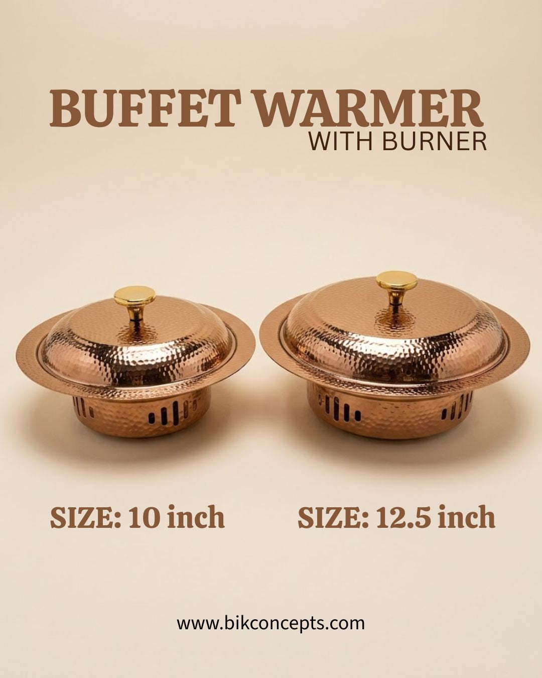 Two hammered copper buffet warmers with burners, shown side by side on a beige background. Text above reads 'BUFFET WARMER WITH BURNER' and below shows sizes 'SIZE: 10 inch' and 'SIZE: 12.5 inch
Rose Gold Buffet Server with Burner, Triply Stainless Steel Chafing Dish, Hammered Copper Food Warmer Dish, Round Buffet Chafing Server, Luxury Food Warmer for Parties, Stainless Steel Hot Pot Server, Decorative Rose Gold Serving Dish with Lid, Main Course Food Warmer with Fuel Holder, High End Buffet Server USA