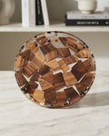 A round decorative resin tray featuring a mosaic pattern of various wood slices in shades of brown, Wood and Epoxy Resin Serving Tray, Handcrafted Round Wood Tray, Mosaic Timber Resin Platter, Nature Enthusiast Home Decor, Clear Resin Charcuterie Board, Organic Wood Coffee Table Tray, Artisan Resin Serving Platter, Rustic Modern Wood Accent Tray, Clear Resin Drink Tray, Eco Friendly Natural Wood Serving Board