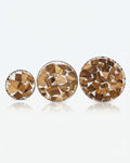 Three round stud earrings with a mosaic pattern of brown and tan wood chips, Wood and Epoxy Resin Serving Tray, Handcrafted Round Wood Tray, Mosaic Timber Resin Platter, Nature Enthusiast Home Decor, Clear Resin Charcuterie Board, Organic Wood Coffee Table Tray, Artisan Resin Serving Platter, Rustic Modern Wood Accent Tray, Clear Resin Drink Tray, Eco Friendly Natural Wood Serving Board