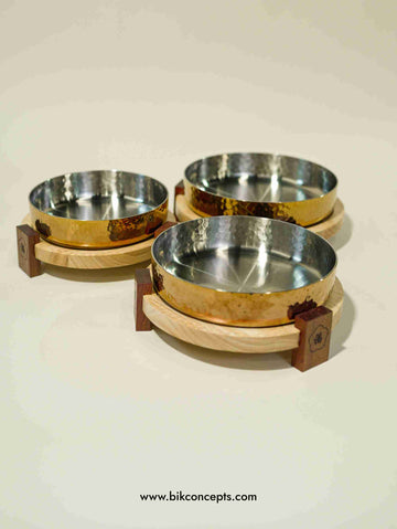 Handi platter, gold serving dish, hammered stainless steel bowl, indian serving tray, luxury dinnerware, decorative metal bowl with wood stand.